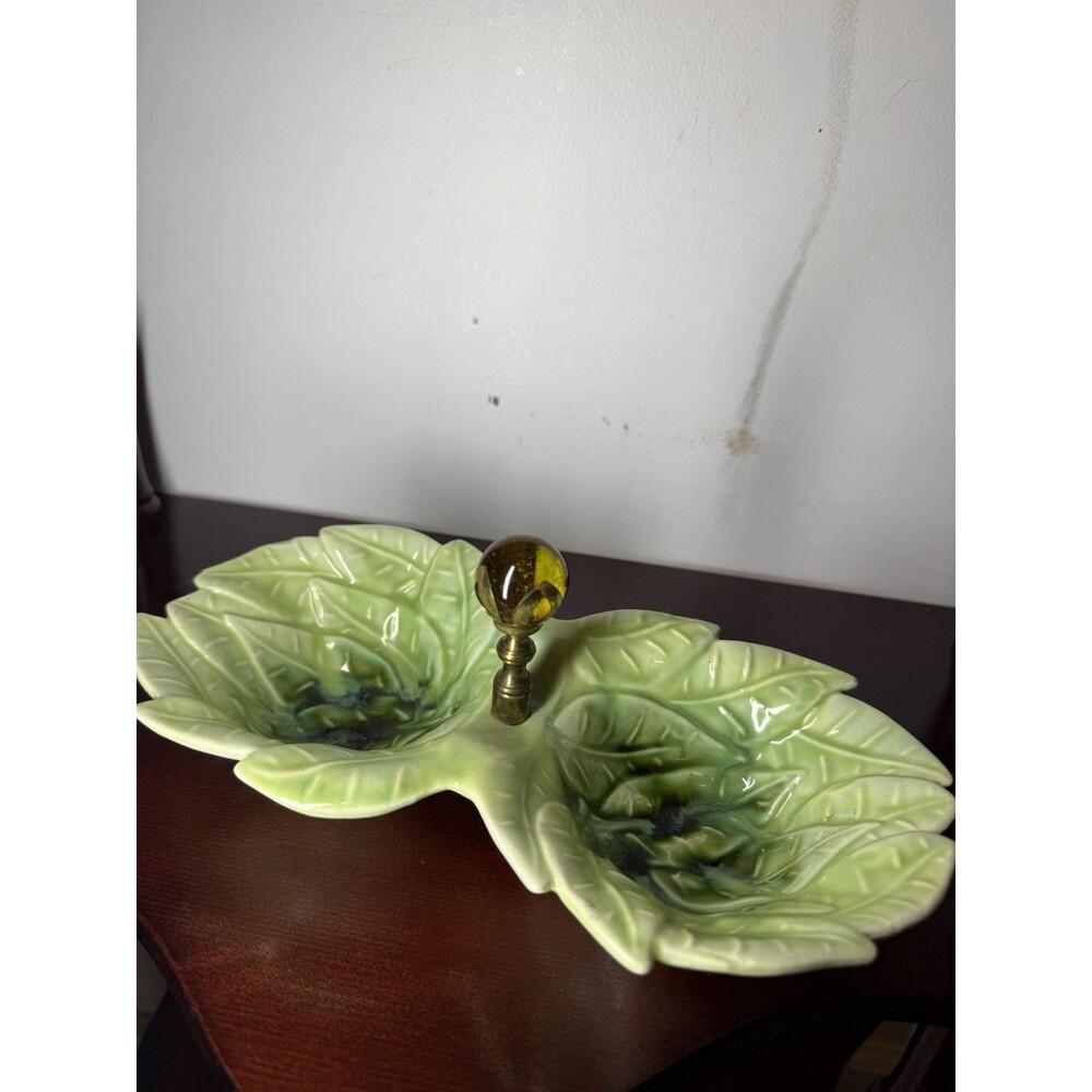 vintage double cabbage leaf california pottery nut dish with glass globe handle